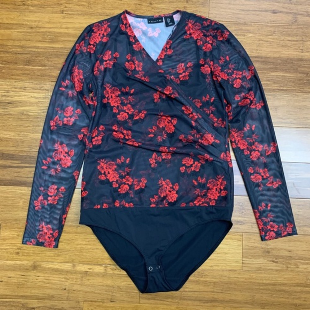 Tahari‎ Floral Bodysuit Womens Small Black Red Mesh Long Sleeve V Neck Surplice